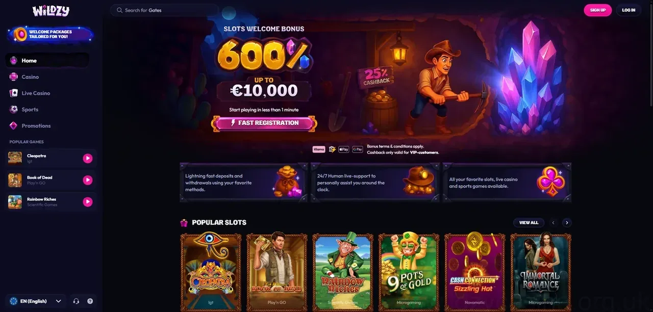 Wildzy Casino homepage with 600% welcome bonus