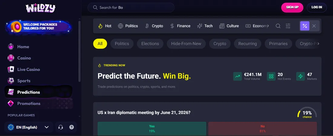 Wildzy Casino sportsbook and in-play betting